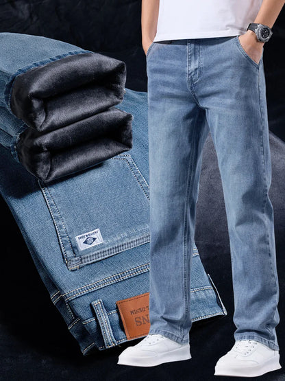 Men's Winter Warm Fleece Lined Thick Stretchable Business Casual Jeans Lightweight Trousers for Office And Daily Wear 2