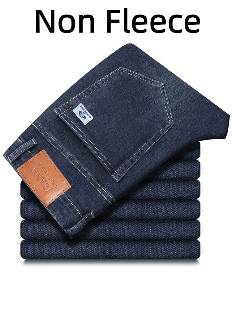 Men's Winter Warm Fleece Lined Thick Stretchable Business Casual Jeans Lightweight Trousers for Office And Daily Wear 3