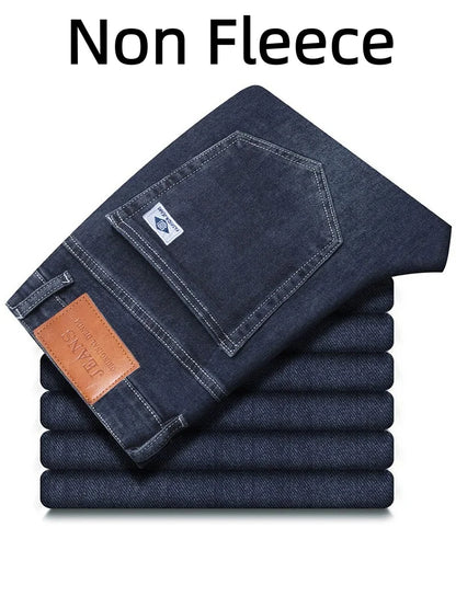 Men's Winter Warm Fleece Lined Thick Stretchable Business Casual Jeans Lightweight Trousers for Office And Daily Wear 3