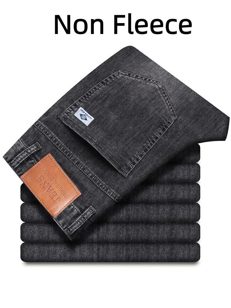 Men's Winter Warm Fleece Lined Thick Stretchable Business Casual Jeans Lightweight Trousers for Office And Daily Wear 4