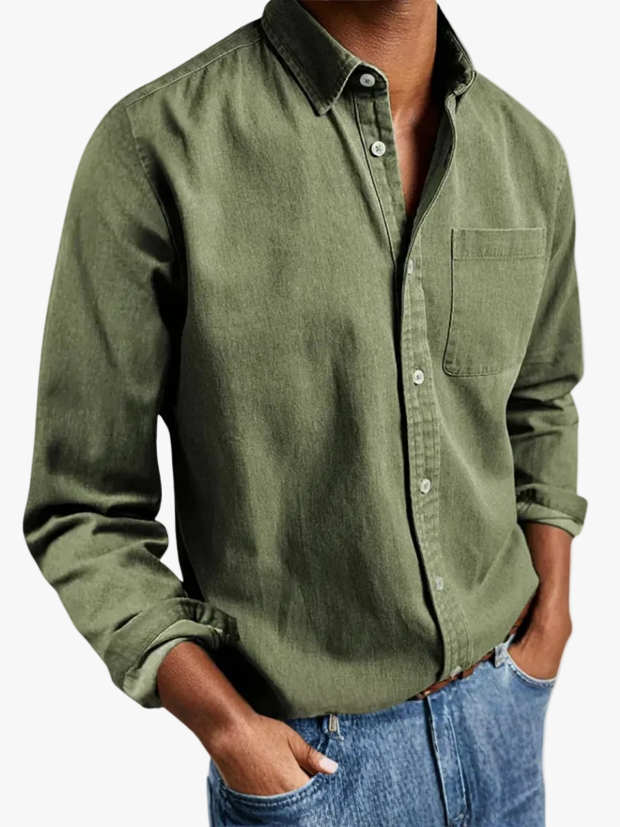 Men's Woven Button-Up Shirt with Spread Collar and Chest Pocket 1
