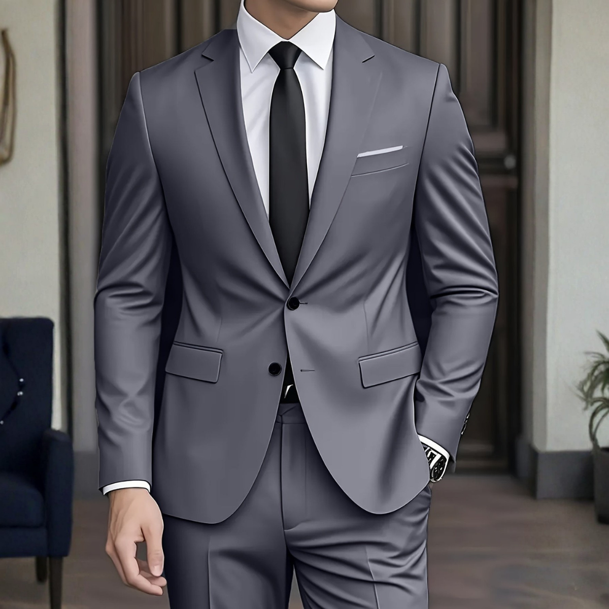 Men's Woven Suit Set with Notch Lapels and Two-Button Jacket 0