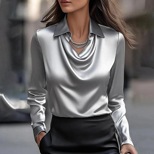 Merlina | Elegant Draped Neckline Satin Blouse 2