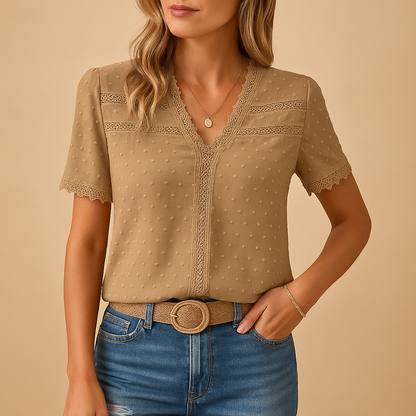 Mia | Elegant V-Neck Blouse with Lace Trim and Short Sleeves 0