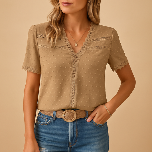 Mia | Elegant V-Neck Blouse with Lace Trim and Short Sleeves 0