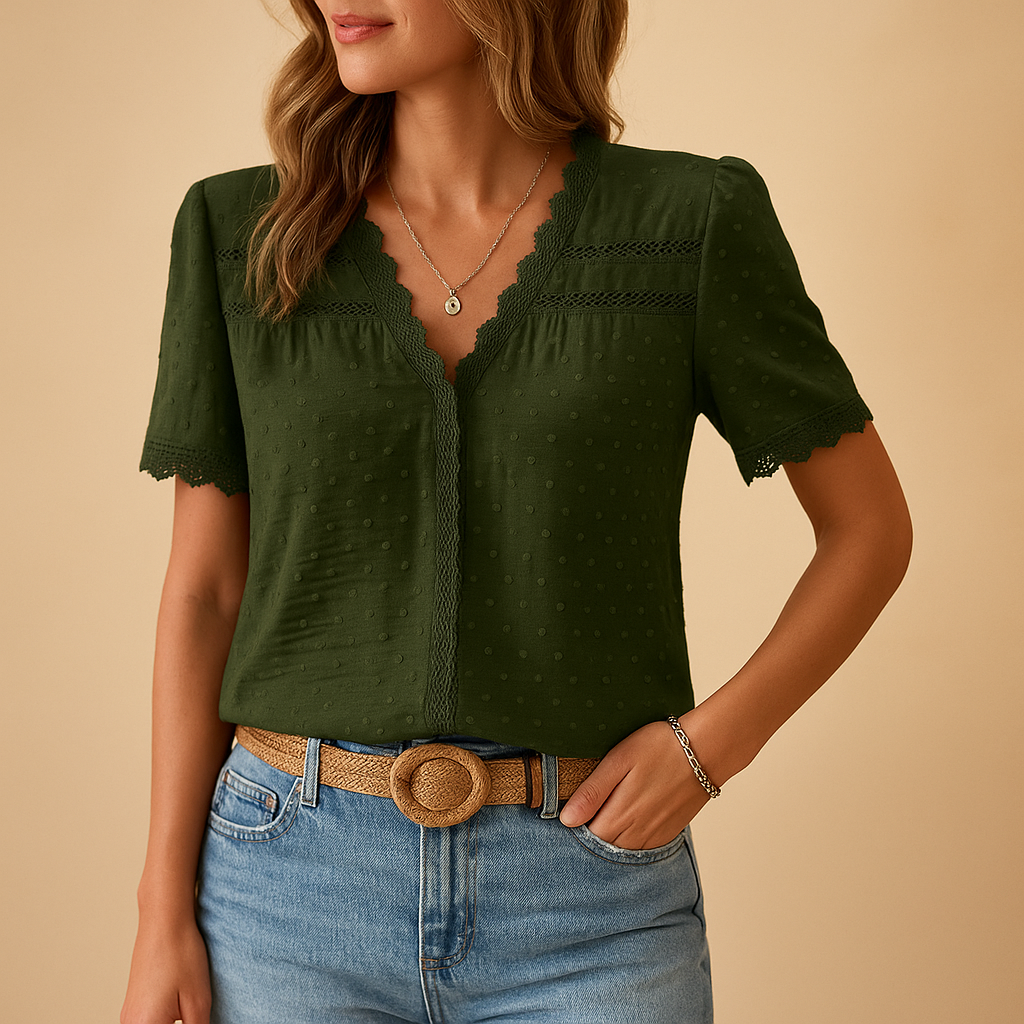 Mia | Elegant V-Neck Blouse with Lace Trim and Short Sleeves 1