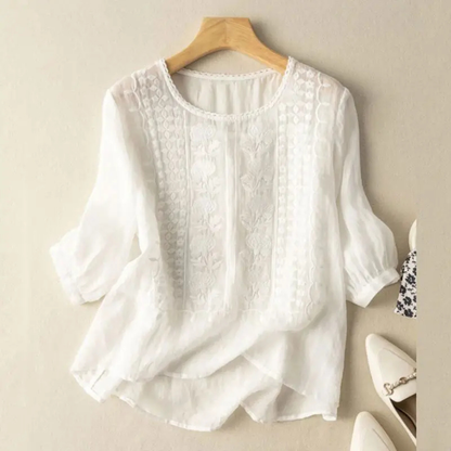 Mia | Elegant White Cotton Blouse with Three-Quarter Sleeves 4