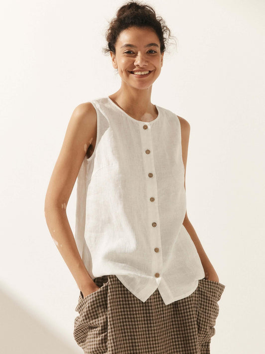 Mia | Elegant White Linen Women's Tank Top 0