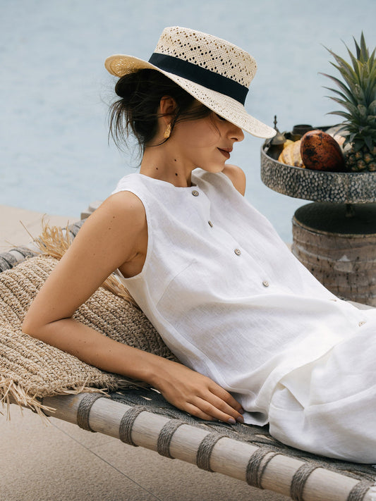 Mia | Elegant White Linen Women's Tank Top 3