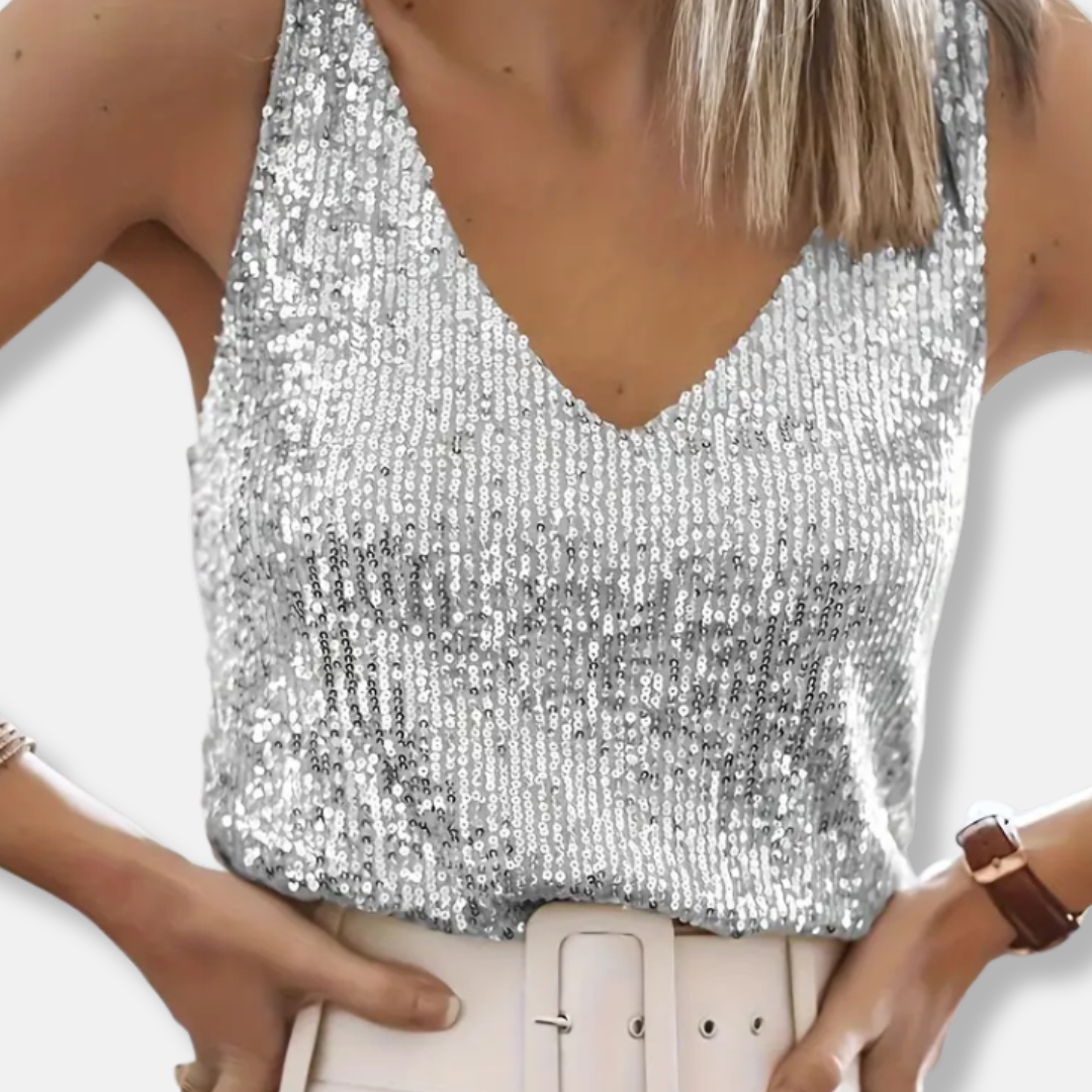 Mia | Stylish Sequin Going Out Top with V Neck and Wide Straps 2