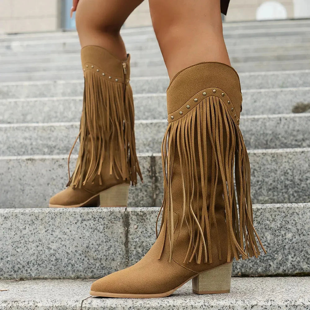 Mira Wide Calf Cowboy Boots | Women's Fringe, Mid-Calf, Side Zipper 0