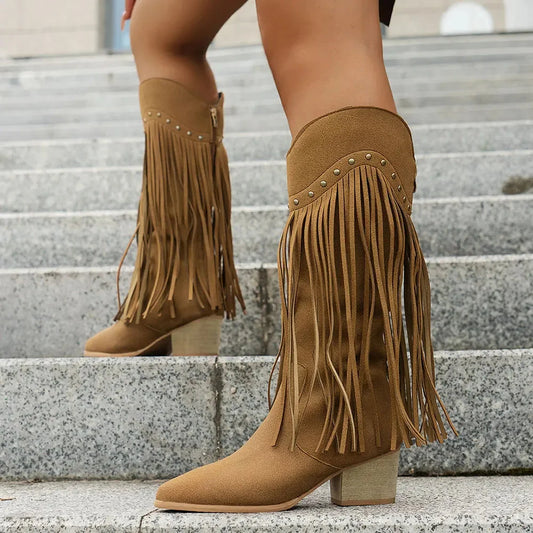 Mira Wide Calf Cowboy Boots | Women's Fringe, Mid-Calf, Side Zipper 0