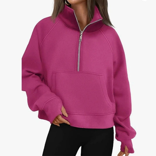 New Women's Spring Autumn Winter Stand Collar Plus Fleece Solid Color Hoodie Long Sleeve Pocket Loose Half Zip Pullover Hoodie 0