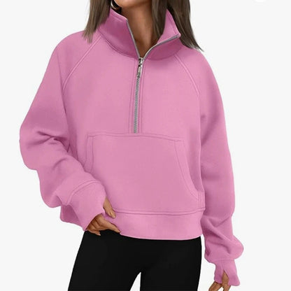New Women's Spring Autumn Winter Stand Collar Plus Fleece Solid Color Hoodie Long Sleeve Pocket Loose Half Zip Pullover Hoodie 1