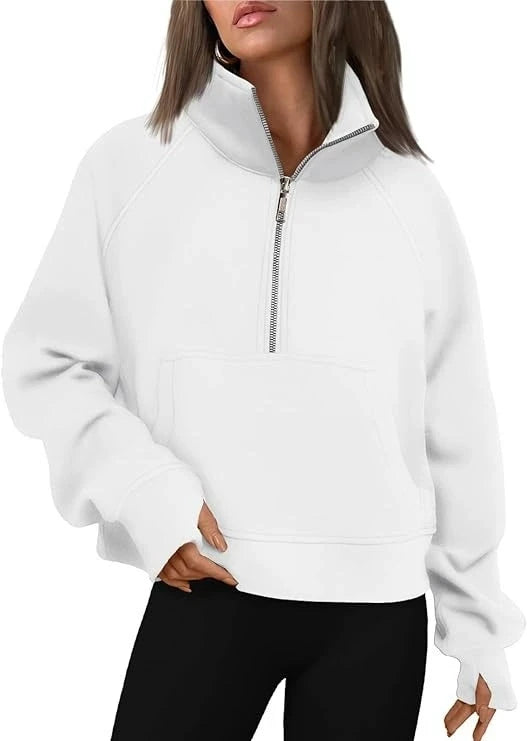 New Women's Spring Autumn Winter Stand Collar Plus Fleece Solid Color Hoodie Long Sleeve Pocket Loose Half Zip Pullover Hoodie 10