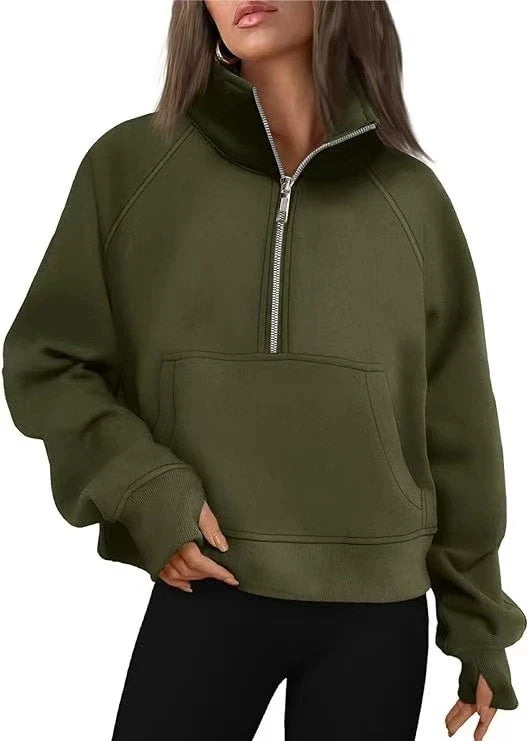 New Women's Spring Autumn Winter Stand Collar Plus Fleece Solid Color Hoodie Long Sleeve Pocket Loose Half Zip Pullover Hoodie 11