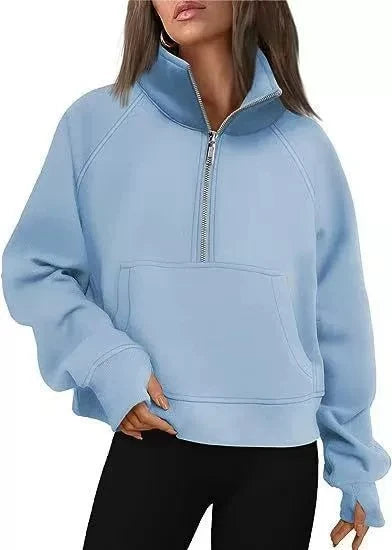 New Women's Spring Autumn Winter Stand Collar Plus Fleece Solid Color Hoodie Long Sleeve Pocket Loose Half Zip Pullover Hoodie 12