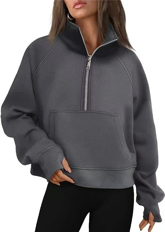 New Women's Spring Autumn Winter Stand Collar Plus Fleece Solid Color Hoodie Long Sleeve Pocket Loose Half Zip Pullover Hoodie 13