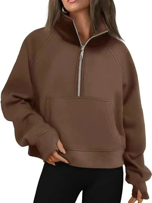 New Women's Spring Autumn Winter Stand Collar Plus Fleece Solid Color Hoodie Long Sleeve Pocket Loose Half Zip Pullover Hoodie 14