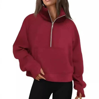 New Women's Spring Autumn Winter Stand Collar Plus Fleece Solid Color Hoodie Long Sleeve Pocket Loose Half Zip Pullover Hoodie 3