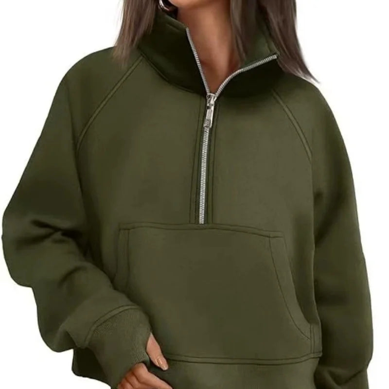 New Women's Spring Autumn Winter Stand Collar Plus Fleece Solid Color Hoodie Long Sleeve Pocket Loose Half Zip Pullover Hoodie 4