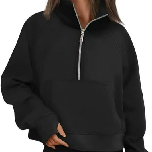 New Women's Spring Autumn Winter Stand Collar Plus Fleece Solid Color Hoodie Long Sleeve Pocket Loose Half Zip Pullover Hoodie 5