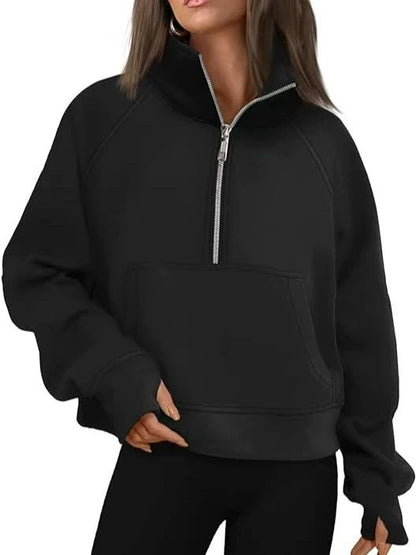 New Women's Spring Autumn Winter Stand Collar Plus Fleece Solid Color Hoodie Long Sleeve Pocket Loose Half Zip Pullover Hoodie 6
