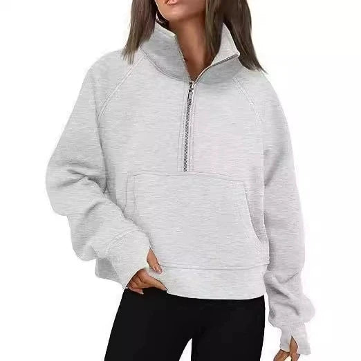 New Women's Spring Autumn Winter Stand Collar Plus Fleece Solid Color Hoodie Long Sleeve Pocket Loose Half Zip Pullover Hoodie 7