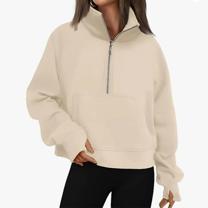 New Women's Spring Autumn Winter Stand Collar Plus Fleece Solid Color Hoodie Long Sleeve Pocket Loose Half Zip Pullover Hoodie 9