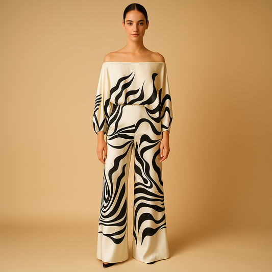Off-shoulder balloon sleeve top and pants set for women | Amari 1