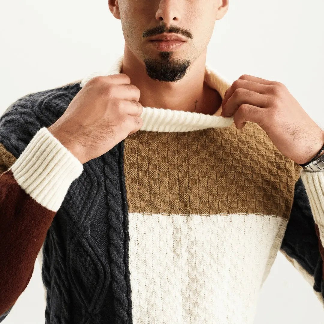 Patchwork Knit Sweater with Ribbed Hem and Long Sleeves 1