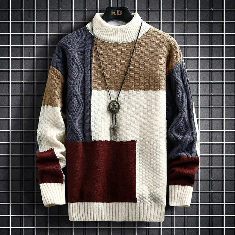 Patchwork Knit Sweater with Ribbed Hem and Long Sleeves 3