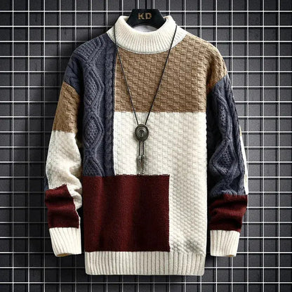 Patchwork Knit Sweater with Ribbed Hem and Long Sleeves 3