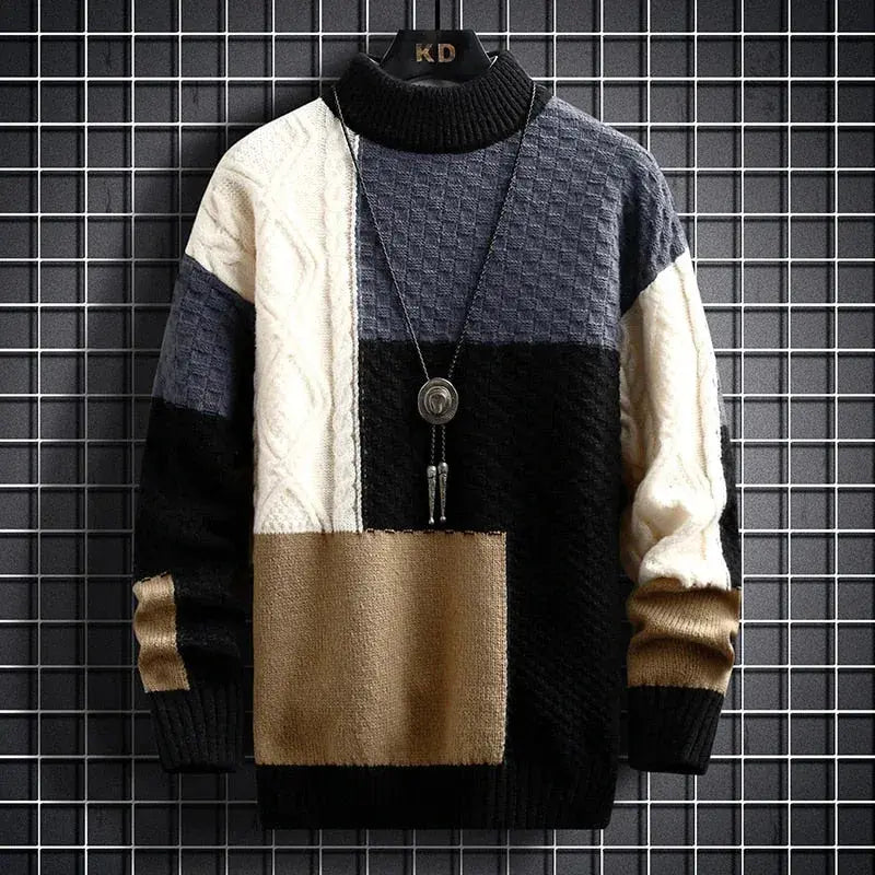 Patchwork Knit Sweater with Ribbed Hem and Long Sleeves 5