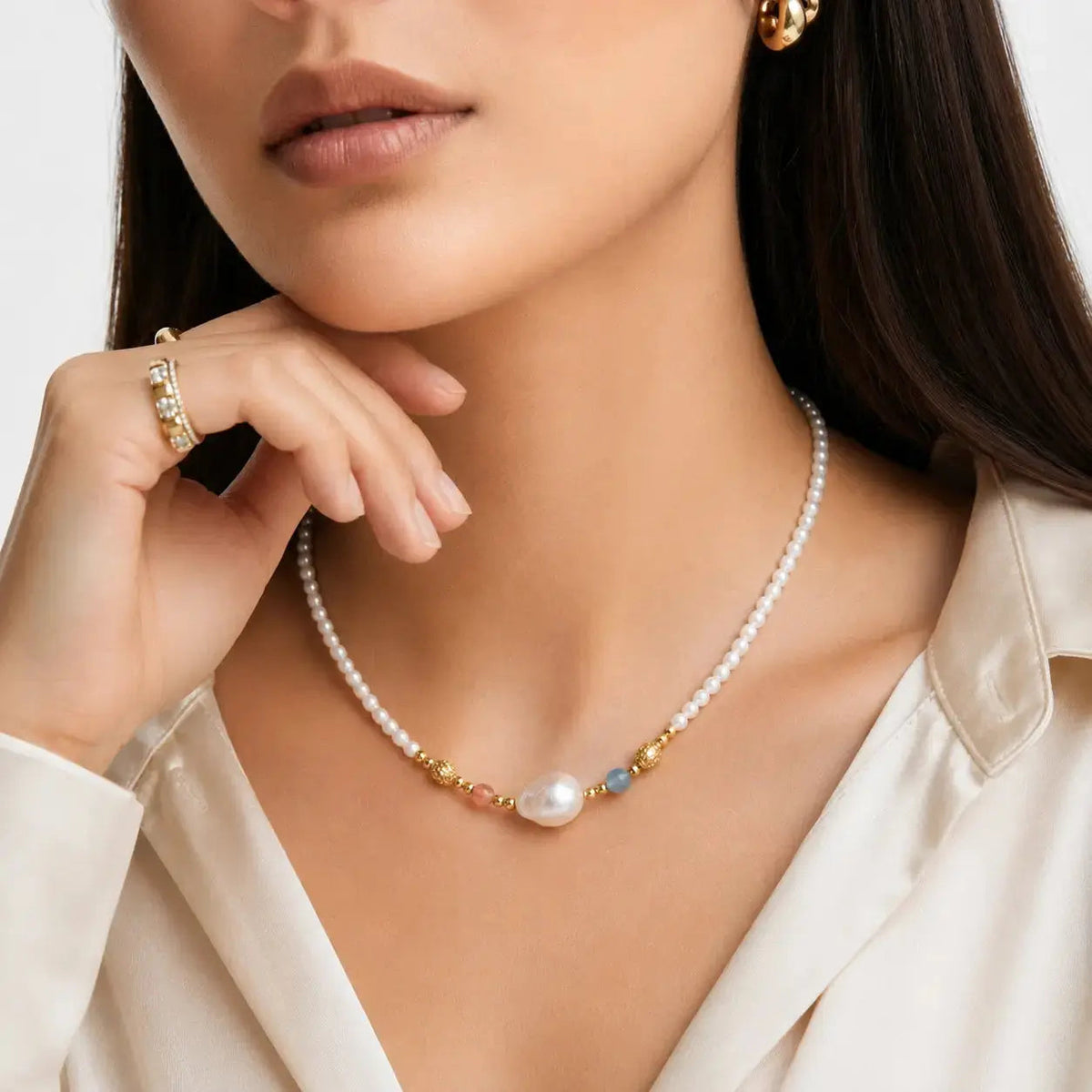Pearl Garden Beaded Necklace - Emerald & Coral 18K Gold 2