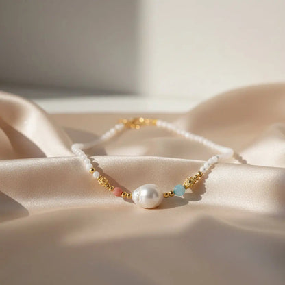 Pearl Garden Beaded Necklace - Emerald & Coral 18K Gold 3