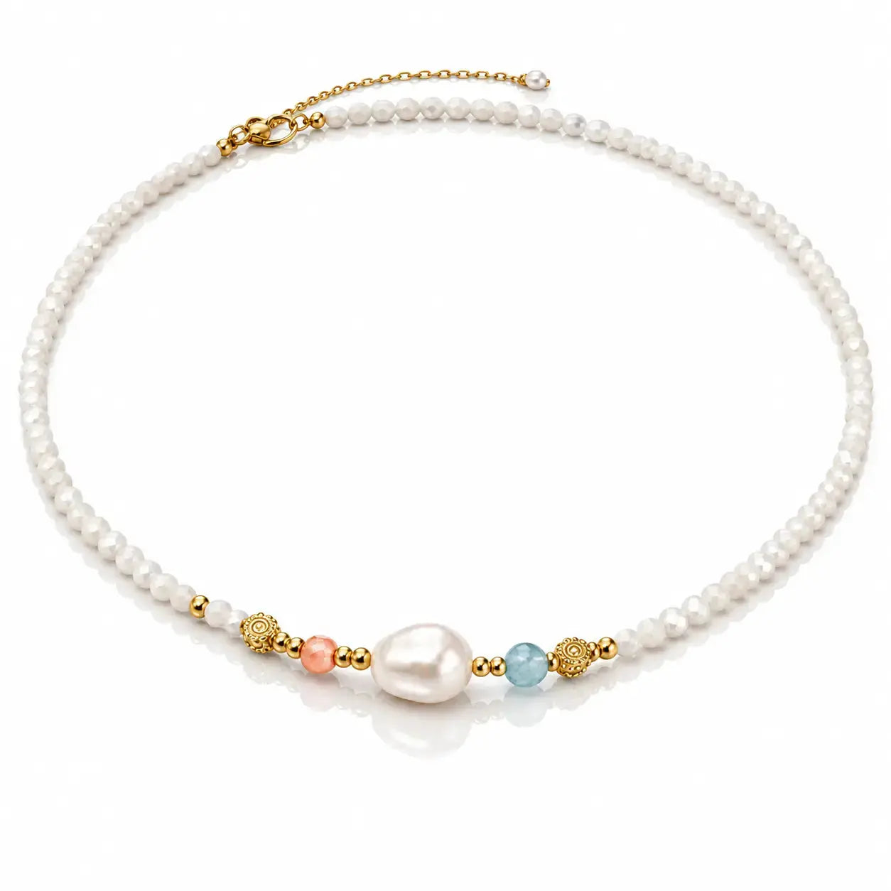 Pearl Garden Beaded Necklace - Emerald & Coral 18K Gold 4