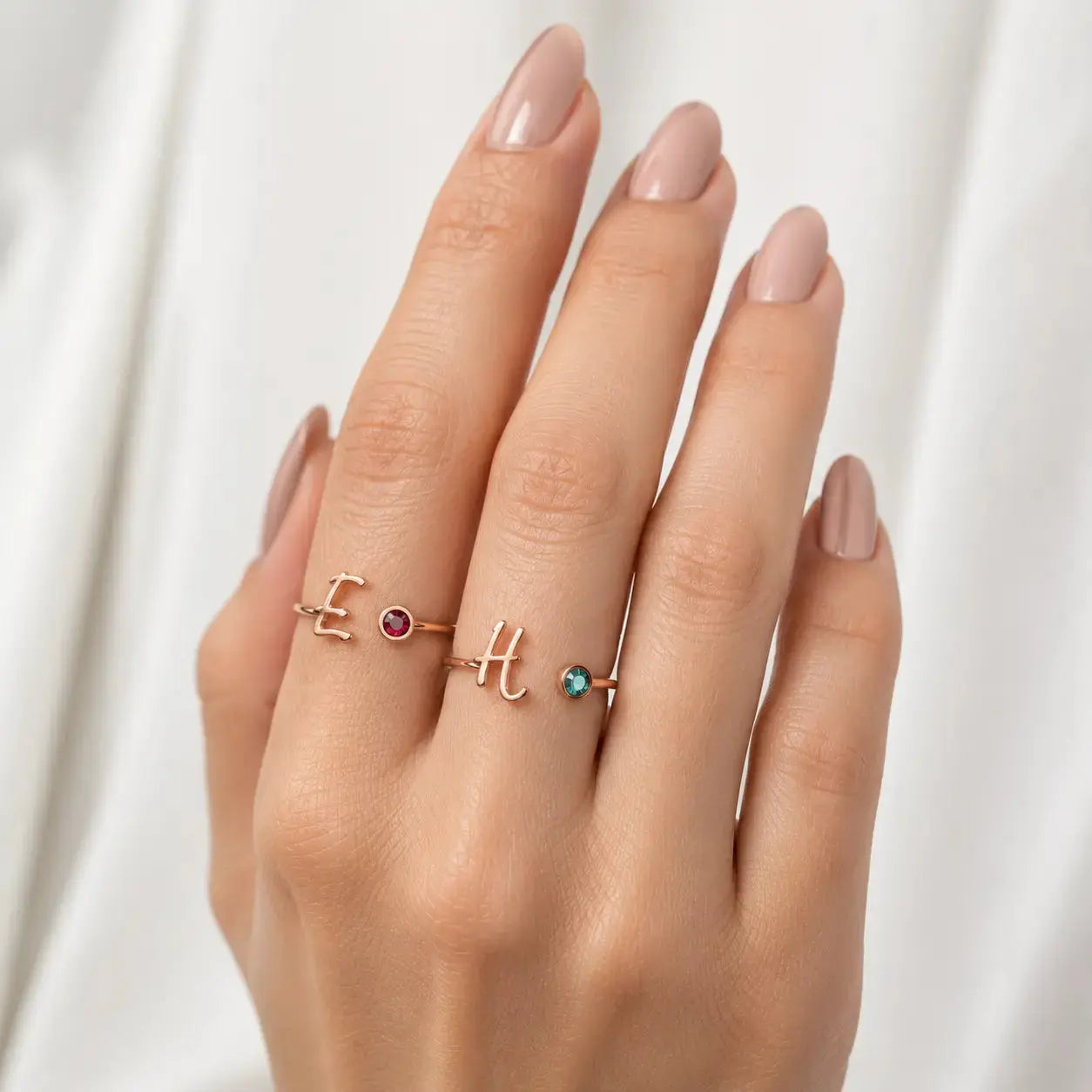 Personalized Initial & Birthstone Adjustable Ring in 925 Sterling Silver 2