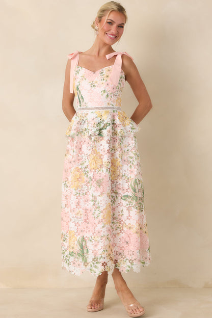 Remembering Spring Peach Lace Floral Midi Dress 0