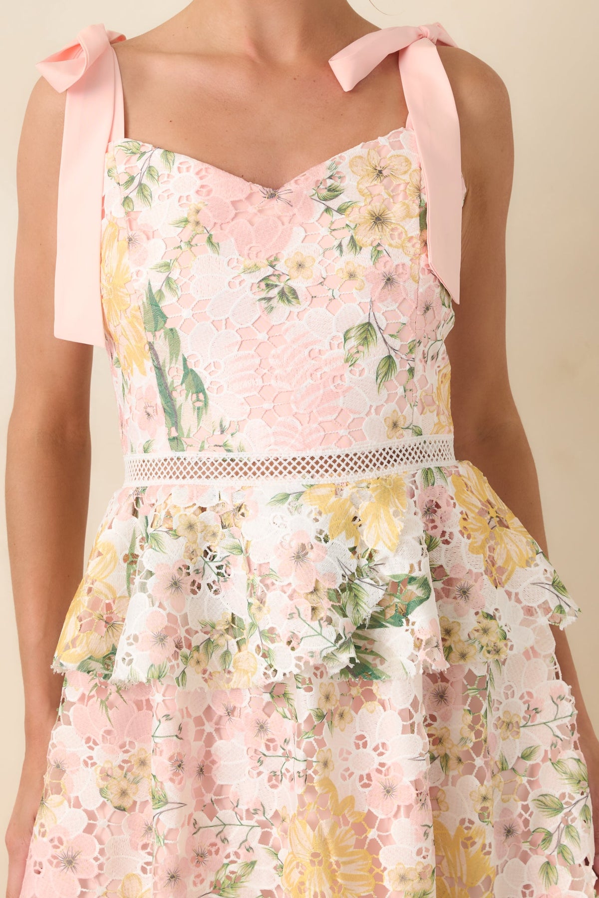 Remembering Spring Peach Lace Floral Midi Dress 1