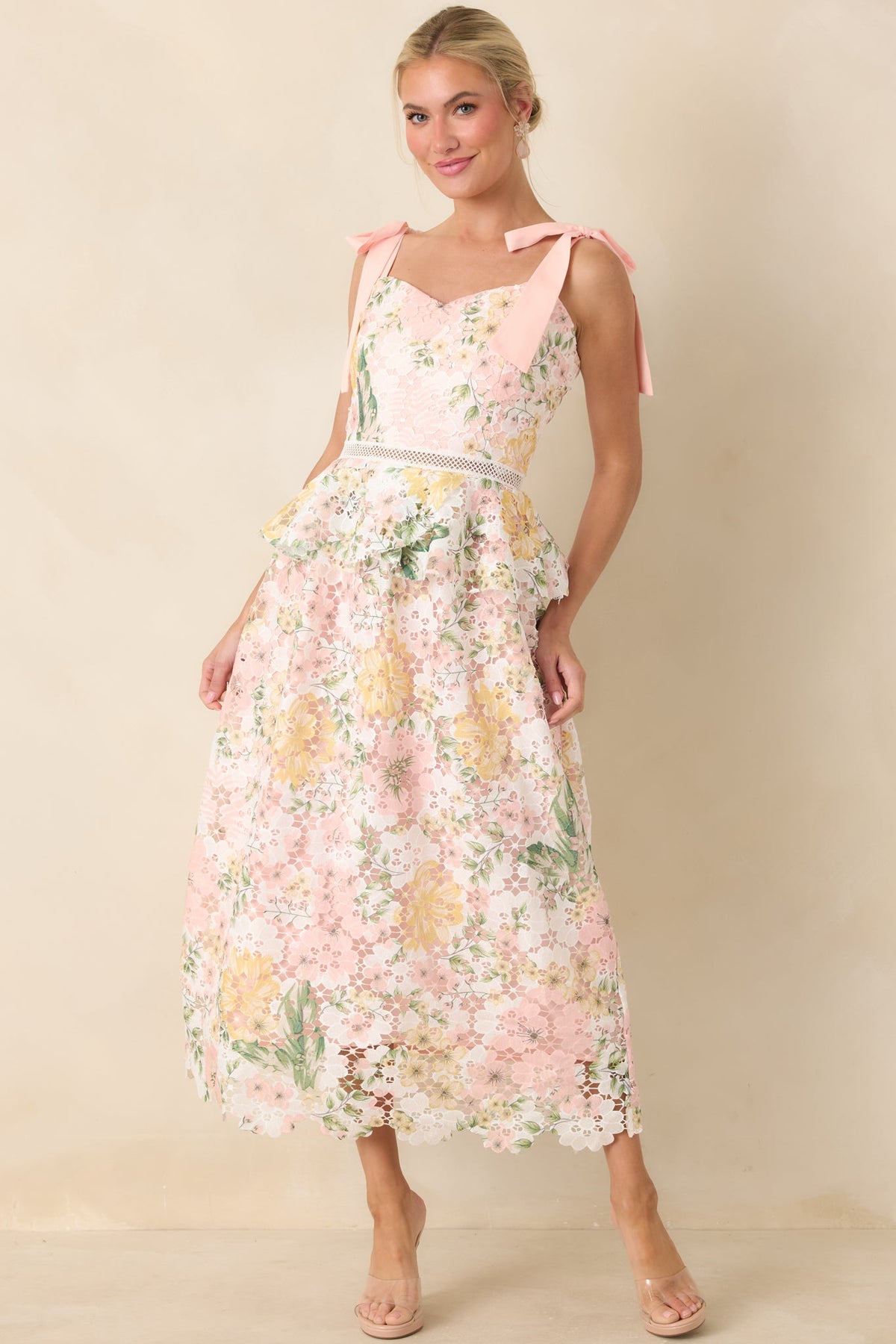 Remembering Spring Peach Lace Floral Midi Dress 2