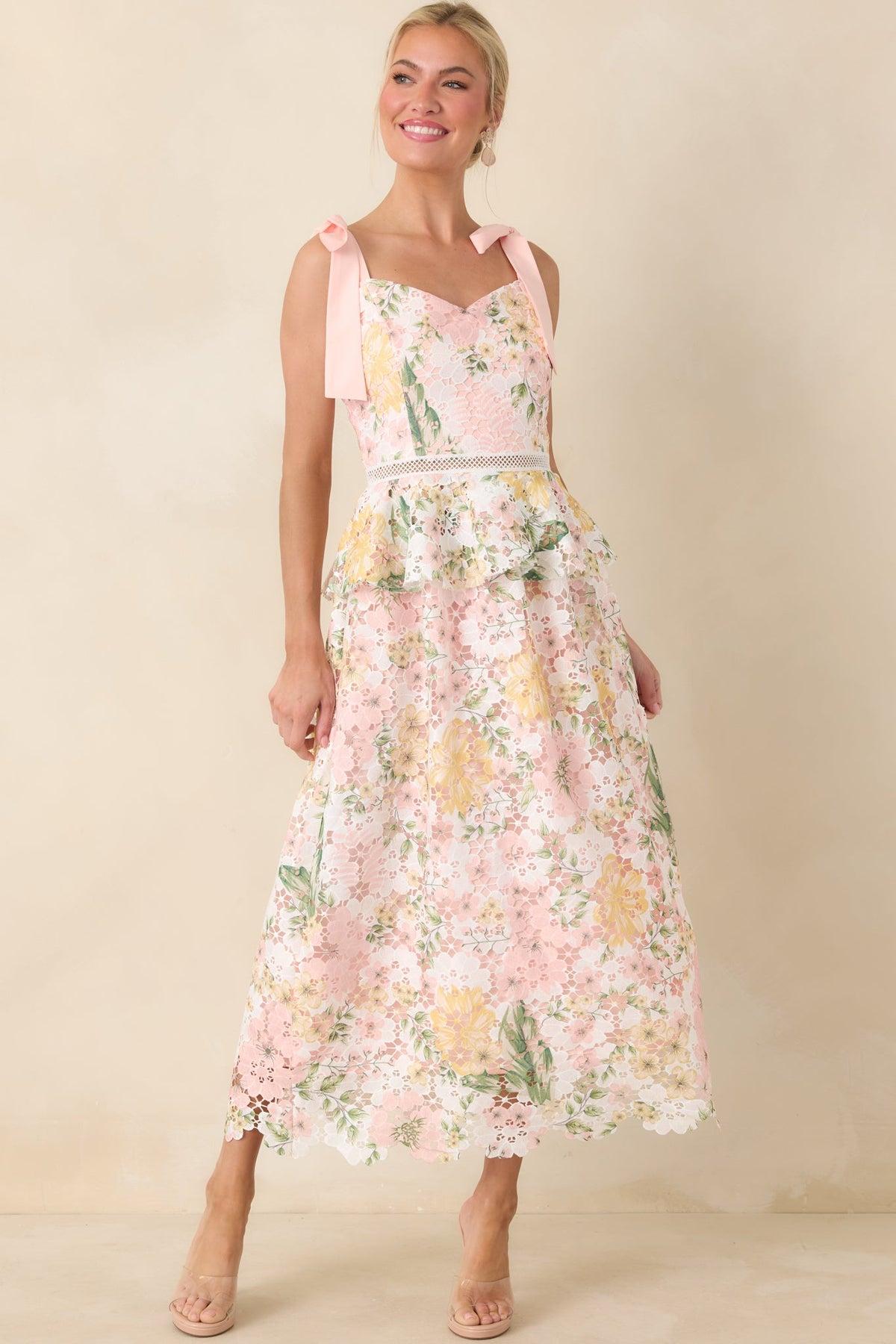 Remembering Spring Peach Lace Floral Midi Dress 3