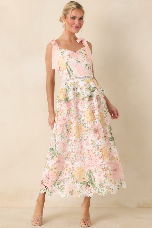 Remembering Spring Peach Lace Floral Midi Dress 4