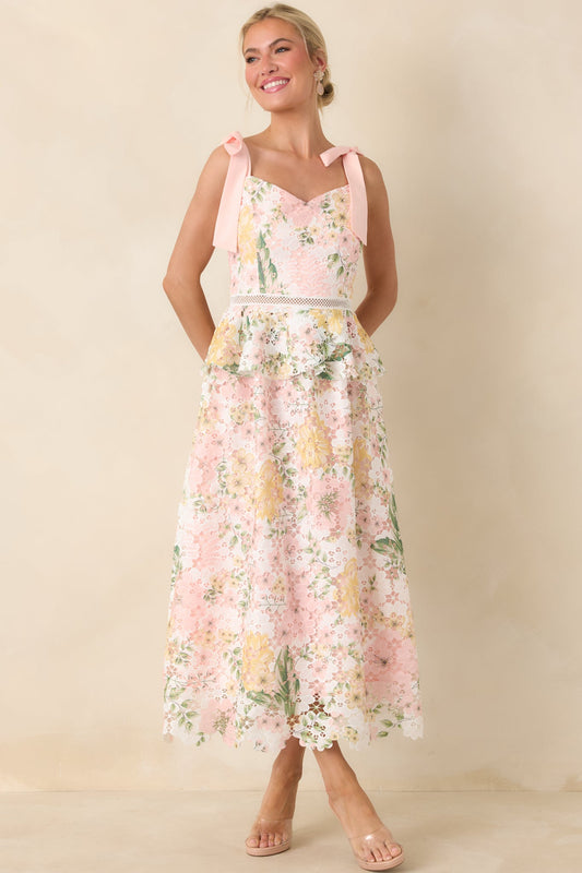 Remembering Spring Peach Lace Floral Midi Dress 5