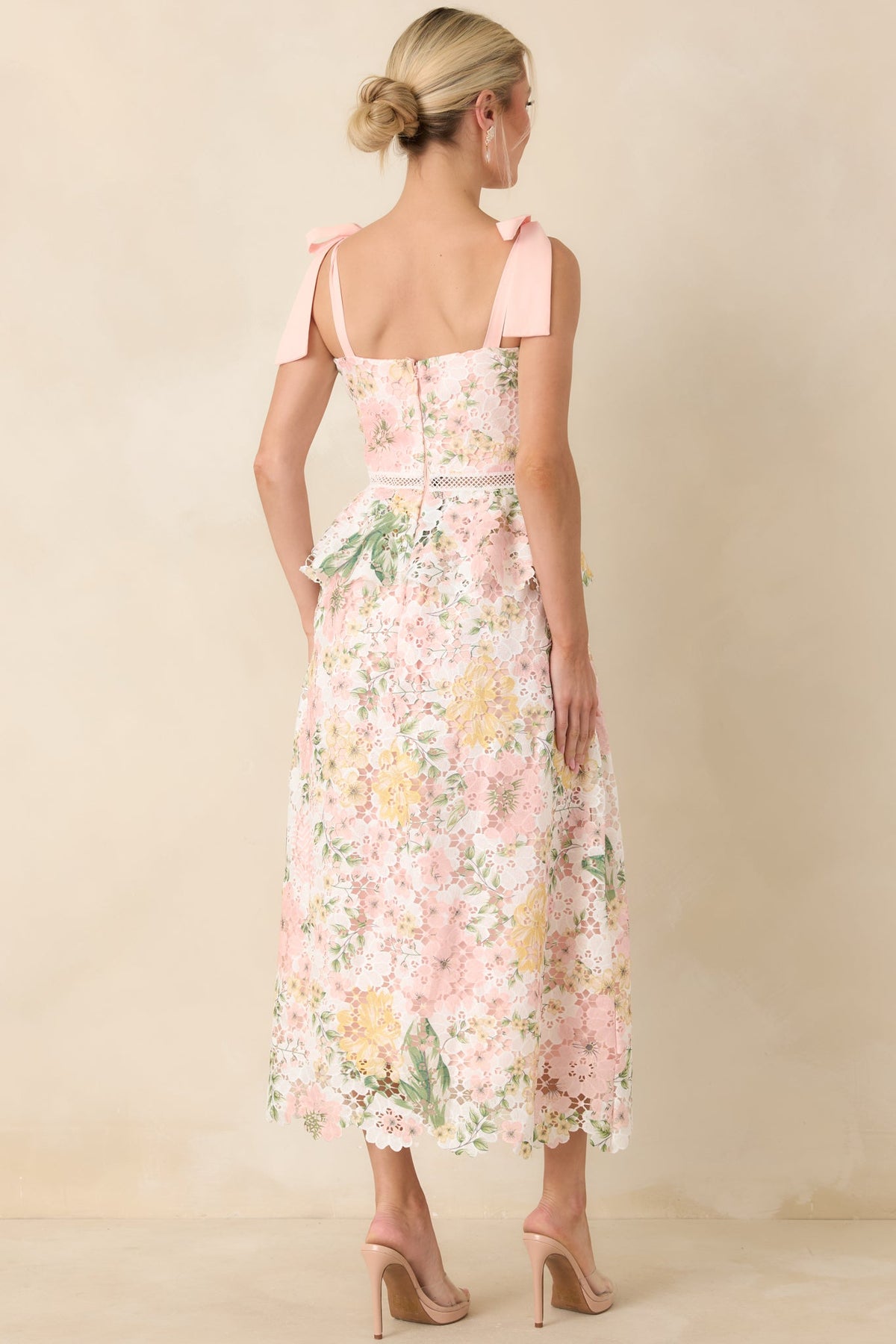Remembering Spring Peach Lace Floral Midi Dress 7
