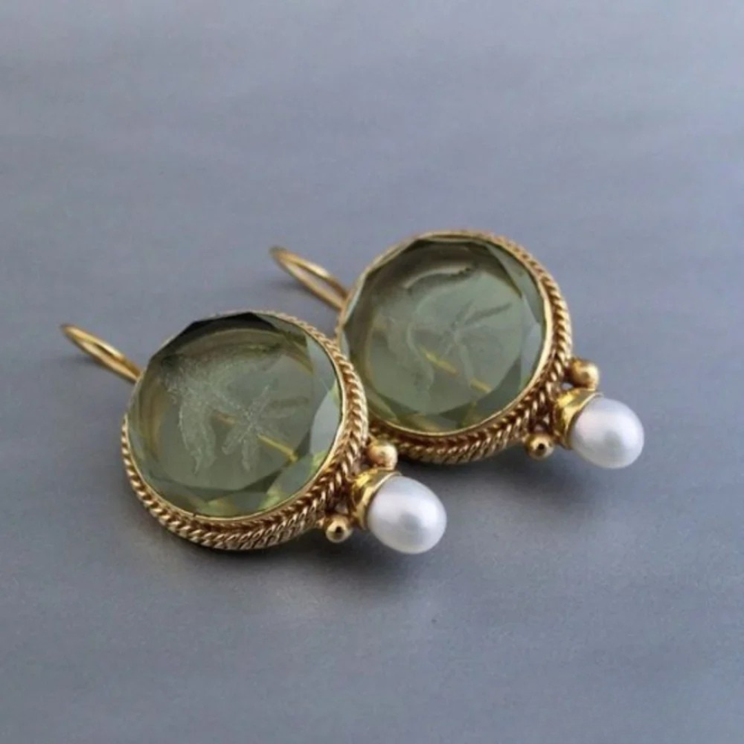 Retro Green Gem and Pearl Earrings 0