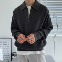 Rib Knit Sweater with Quarter Zip and Spread Collar 0