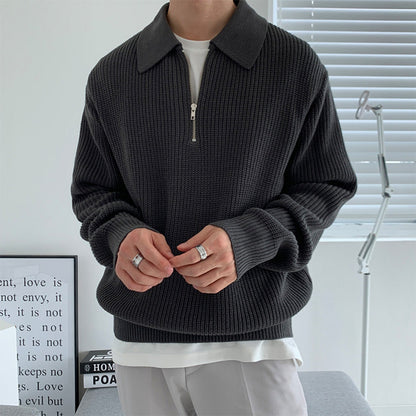Rib Knit Sweater with Quarter Zip and Spread Collar 0