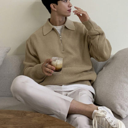 Rib Knit Sweater with Quarter Zip and Spread Collar 1