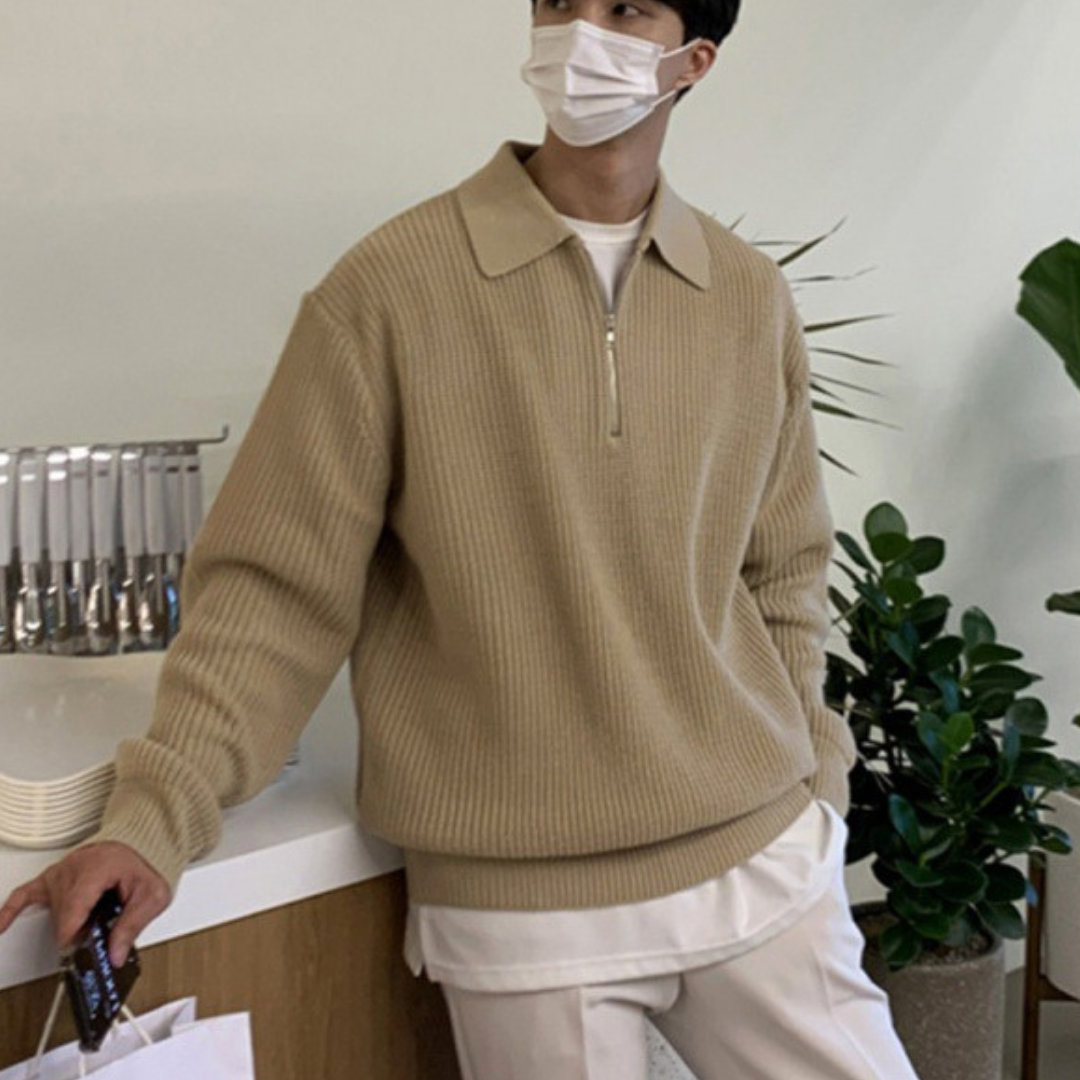 Rib Knit Sweater with Quarter Zip and Spread Collar 2